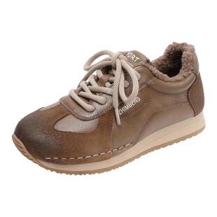 真皮休闲鞋女2025冬季新款加绒棉鞋头层牛皮软底德训运动老爹鞋子