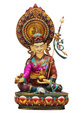 王师兄藏传莲花生莲师尼泊尔工艺佛像彩绘铜佛像铜手工錾刻背光