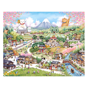 3D-JP春日樱花治愈插画成人拼图2000片解压玩具 招财猫村庄H3707