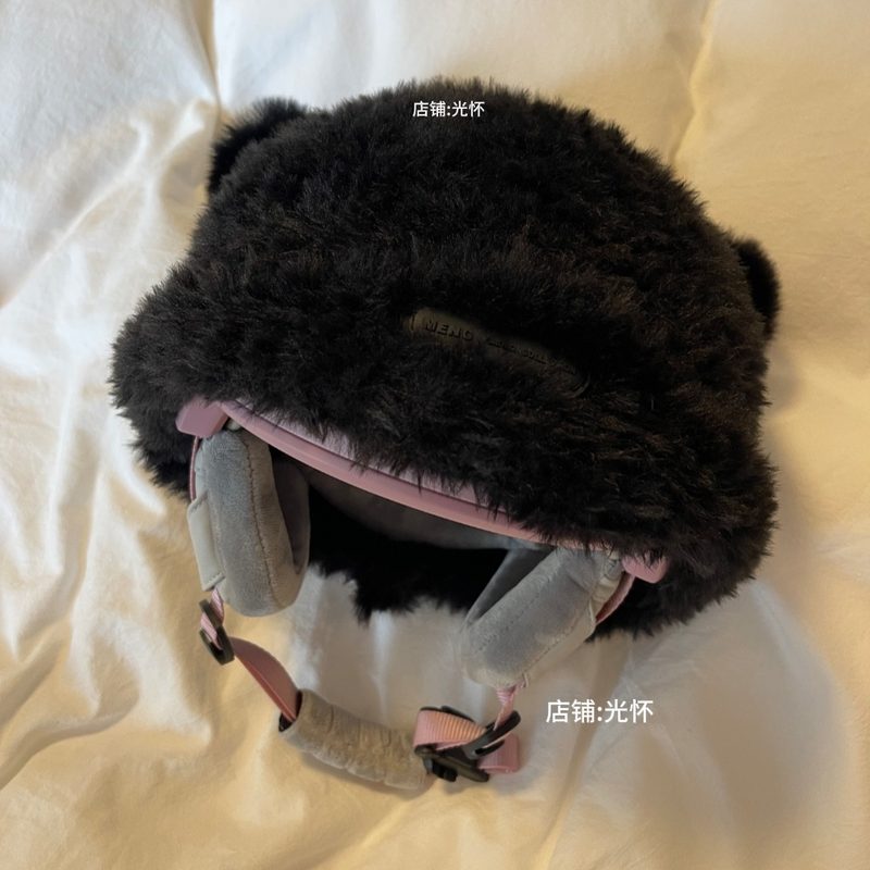 滑雪头盔装饰帽套女毛绒包头兔耳朵帽子冷帽可套电动车头盔外帽子