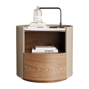 实木中古风圆形马鞍皮床头柜现代简约极简高级感床边储物柜免安装