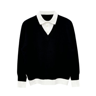 老钱风休闲男式翻领毛衣时尚复古男士秋上衣独特拼接假两件针织衫