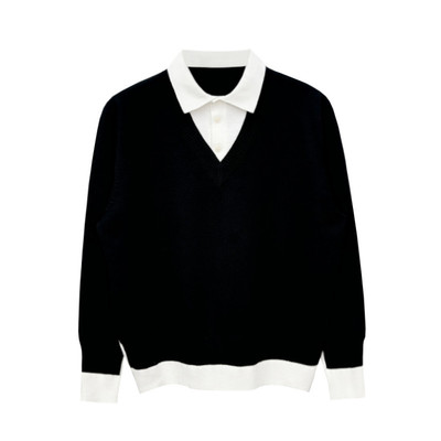 假两件针织衫翻领拼接毛衣老钱风