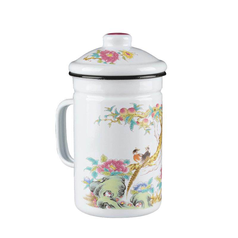 加厚搪瓷杯茶杯带盖办公杯简约马克杯家用杯子大容量过滤茶杯送礼