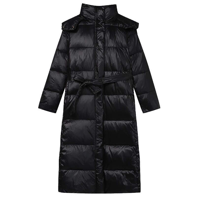 白鹿语时尚简约长款鸭绒外套20冬季新款加厚连帽系带女式羽绒服