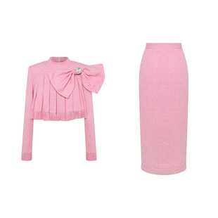 Maison Wester秋季唐嫣同款流行粉色蝴蝶结上衣直筒裙可露丽穿搭