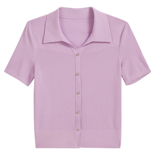 YINER音儿2025秋季新款法式翻领宝莱纱毛针织衫香芋紫上衣