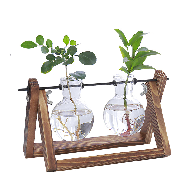 桌面绿萝实木花架水养玻璃小花瓶水培植物花卉简约吊架装饰品摆件