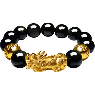 天然彩眼黑曜石手链配镀金色实心貔貅手串绒沙皮丘情侣红绳手饰品