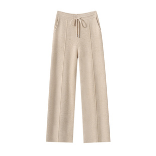 高腰系带直筒裤女休闲四平中缝裤针织保暖显瘦百搭通勤裤子