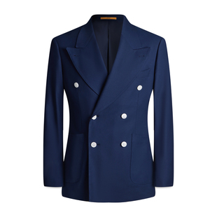 【竹纤维蜂窝纹】平圆方中白扣布雷泽西装海军蓝双排扣西服单西