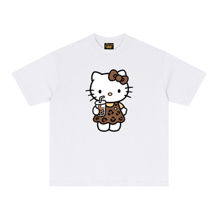 drew美式卡通趣味HelloKitty印花短袖T恤男女宽松休闲纯棉上衣INS