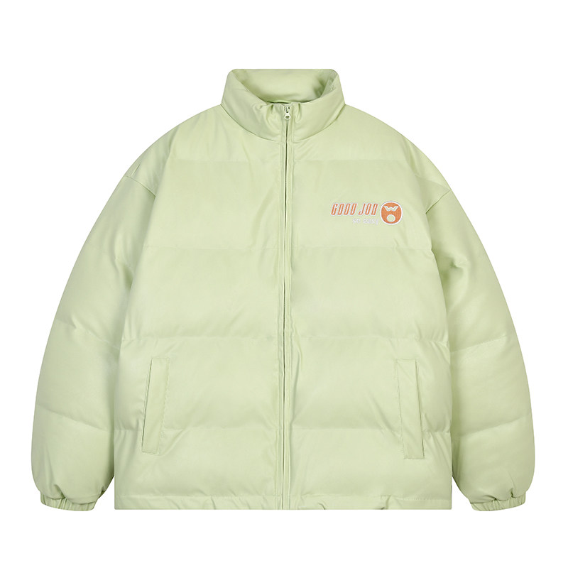 WOHOO字母Logo刺绣PU面包服绿色潮牌加厚棉服男女款棉袄棉衣外套