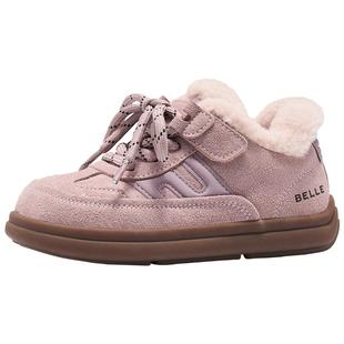 百丽童鞋女童棉鞋加绒毛毛鞋小女孩粉色冬季保暖棉靴儿童休闲板鞋
