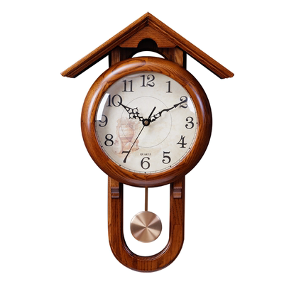 客厅实木中式挂钟家用现代简约创意装饰摆件摇摆时钟静音石英钟表