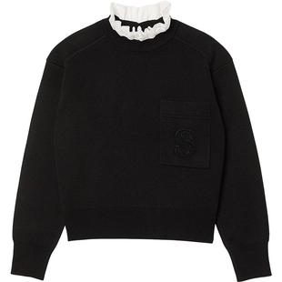 SANDRO秋冬女装法式黑色木耳花边拼接圆领套头长袖针织毛衣内搭