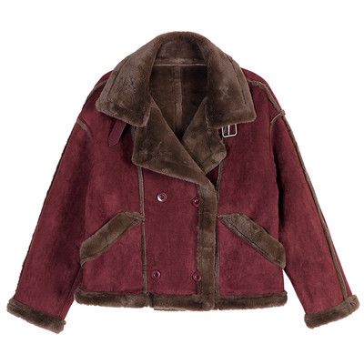 鹿皮绒短款皮毛一体羊羔毛外套女