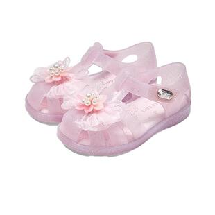 泰兰尼斯夏季新款女童凉鞋闪灯水晶鞋透明胶鞋透气清凉蝴蝶沙滩鞋