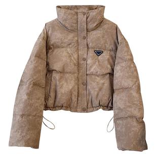 美式卡其色立领短款羽绒服女士2025冬季新款高腰小个子面包服外套