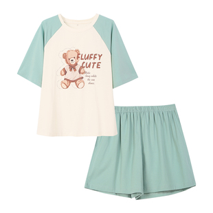 安之伴【巨凉感】卡通睡衣女夏季纯棉短袖小熊印花撞色家居服套装