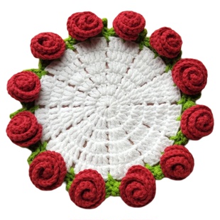 成品现货红色玫瑰花朵杯垫手钩花束茶杯防烫垫办公室桌面花篮摆件