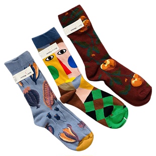 爆款法国小众女士棉袜四季款彩色趣味油画风中筒袜多巴胺网红潮袜