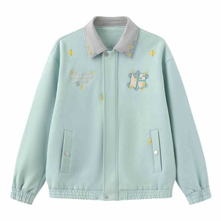 美式复古刺绣撞色翻领长袖外套女2025秋季百搭短款薄荷绿夹克上衣