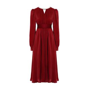 DPLAY红色连衣裙女士结婚春季新款鎏光缎面长裙订婚宴会礼服裙子