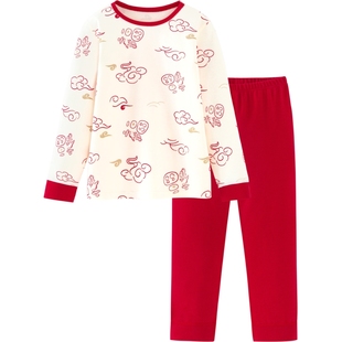 迷你巴拉巴拉男童女童纯棉内衣套装新年红色保暖秋衣秋裤本命年