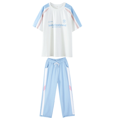 纯棉2024夏季撞色拼接休闲套装