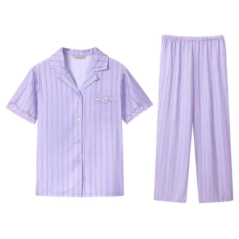 秋鹿冰丝睡衣女款夏天薄款短袖气质条纹丝绸家居服女夏可外穿套装