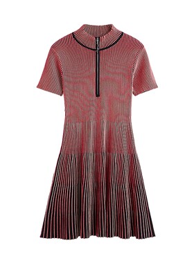 Desigual26秋冬新品红黑渐变竖坑条半拉链立领短袖收腰百褶连衣裙