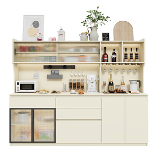 政补实木餐边柜茶水柜酒柜厨房储物柜奶油风现代简约靠墙一体高柜