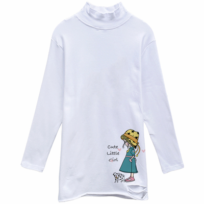 纯棉加绒破洞白色打底衫女简约休闲宽松显瘦潮流百搭中长款半高领