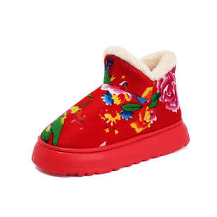 高包跟棉拖鞋女士冬季加绒厚底保暖中老年妈妈鞋东北大花棉鞋外穿