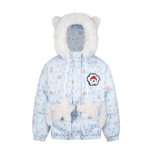 SREK冬季可爱小狗毛领连帽棉服女宽松加厚保暖外套冬季卡通棉衣