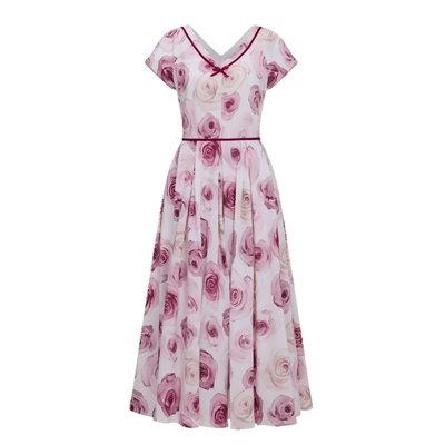 Chings 法式复古V领显瘦短袖连衣裙 蝴蝶结印花高腰A字大摆裙长裙