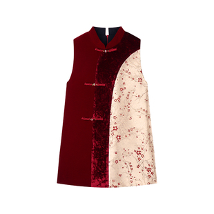 Amybaby女童裙子冬季2025新款国风新中式刺绣拼接盘扣夹棉连衣裙