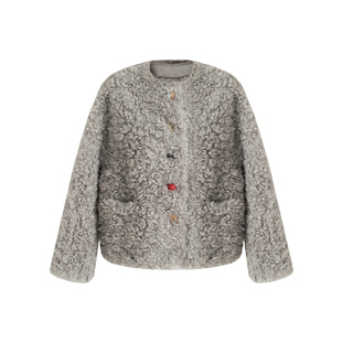 范洛Fano 毛毛外套女2025冬季异形皮扣仿羊羔毛环保皮草大衣短款