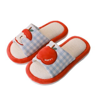 可爱苹果儿童拖鞋亚麻室内女童春秋女孩防滑家居鞋男童地板宝内鞋