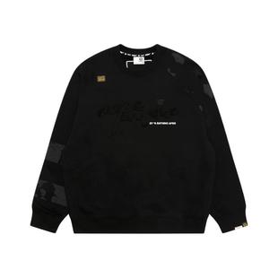 Aape旗舰店男装秋冬复古水洗做旧猿人徽章薄绒圆领卫衣C385XXP