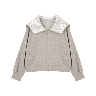 Amybaby女童套装春季2026新款休闲翻领蕾丝拉链外套简约休闲裤