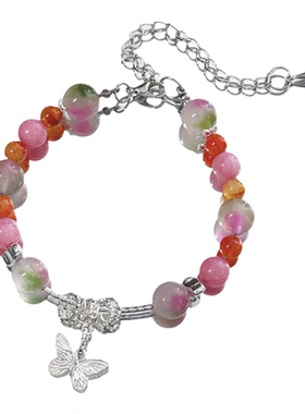 【粉雾蝶踪】MIES原创油画渲染手链女蝴蝶吊坠银色链条波西米亚风