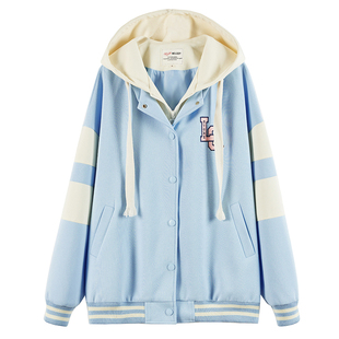 初中生休闲套装少女秋装新品休闲撞色高中女孩假两件棒球服两件套