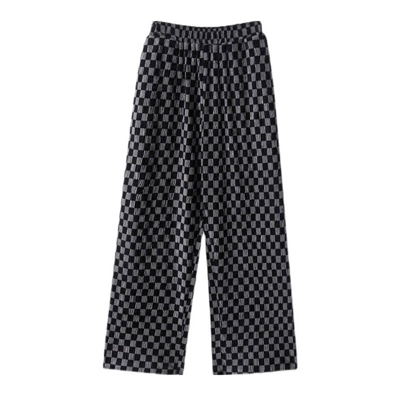 99067-038大码女装棋盘格子休闲裤子高腰阔腿梨型胖mm腿粗屁股大