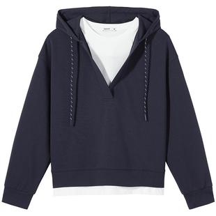 热风2026年春季新款女士设计感假两件拼色连帽卫衣宽松学院风上衣