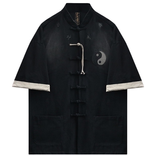 半闲集＜乾坤有序＞夏季八卦刺绣短袖唐装新中式国风男装立领衬衫