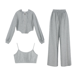 灰色运动短款开衫卫衣外套女秋季2024新款不规则拉链休闲连帽上衣