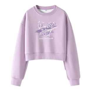 真维斯紫色加绒卫衣女秋冬2026新款小个子加厚短款圆领慵懒风外套