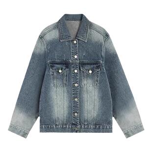 pusumede 蓝色牛仔外套女春秋新款复古宽松休闲百搭夹克上衣